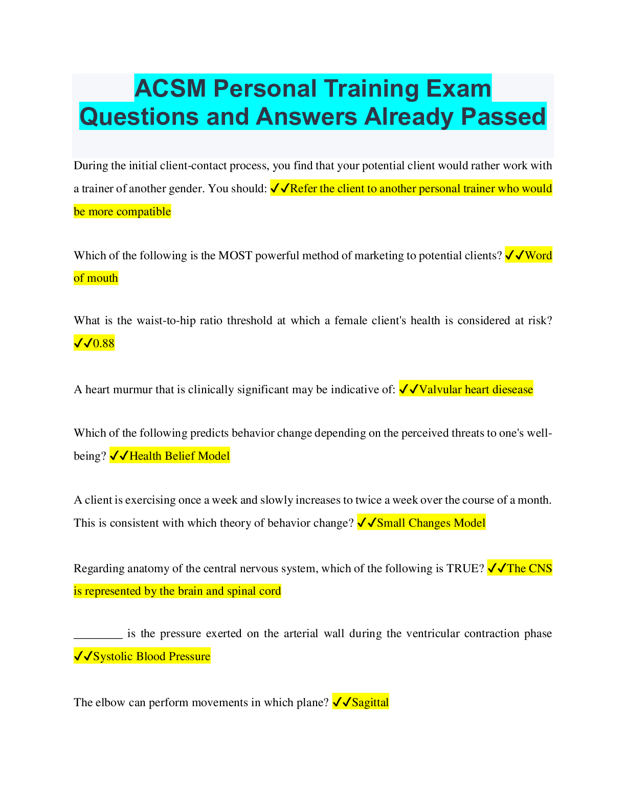 ACSM Personal Training Exam Questions and Answers Already Passed